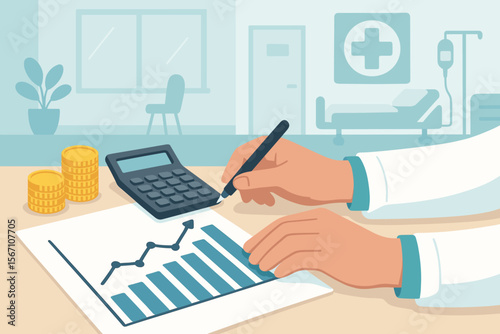Healthcare Finance Management: Doctor Analyzing Growth Data, Medical Business Accounting, and Hospital Economics with Calculator and Chart. Financial Planning.