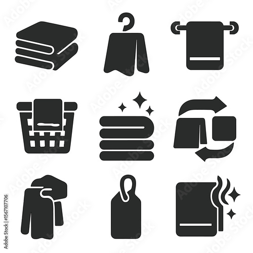 Towel Icons Grid. Solid, filled icons set of changing towels: folded towel, towel hook, towel on rack, laundry