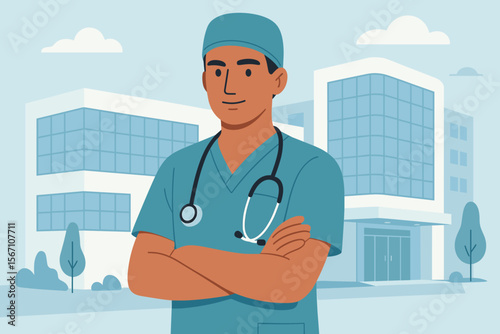 Healthcare medical concept with a professional male doctor, surgeon, or physician wearing scrubs and a stethoscope. Confident character outside a modern hospital clinic building.
