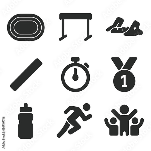 Track and Field Icons. Solid, filled icons set of track and field events: running track, hurdles, starting
