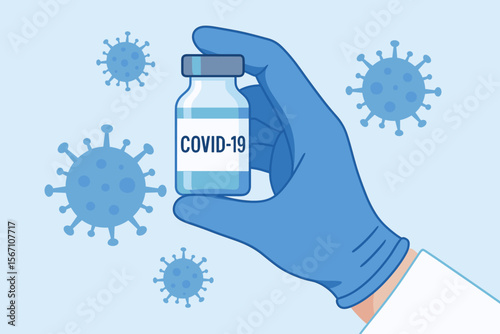 Doctor or scientist hand in blue medical glove holding a vial of the COVID-19 vaccine. Concept for coronavirus research, drug development, immunization and pandemic treatment.