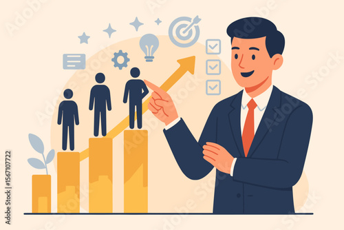 Human resource development concept with HR manager evaluating employee performance. Business leader pointing at career growth chart for talent training, skills, and corporate success.