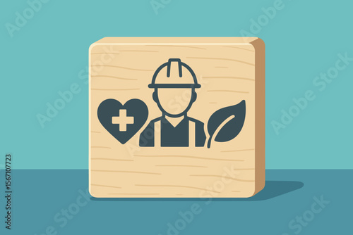 HSE Health Safety Environment concept. Occupational safety standard. Industrial worker protection. Business quality control. Wooden block with icons. Eco friendly policy. Vector.