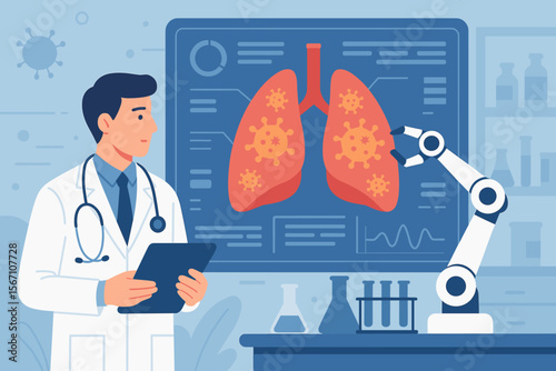 Medical technology and AI concept. Doctor with robotic arm researches lung virus infection. Futuristic diagnostics for human lungs with coronavirus on a modern interface screen in a laboratory.