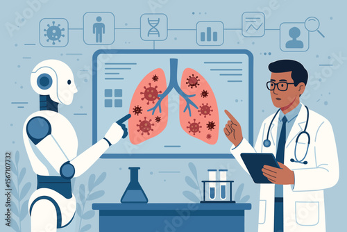Artificial intelligence robot and doctor collaborate on medical diagnosis. Scientist and AI research virus spread in lungs on futuristic screen. Healthcare innovation concept vector.