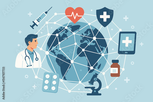 Global healthcare and medicine concept. Doctor with medical icons on a world network. Telemedicine, vaccination, research, and health insurance vector illustration for web banner.