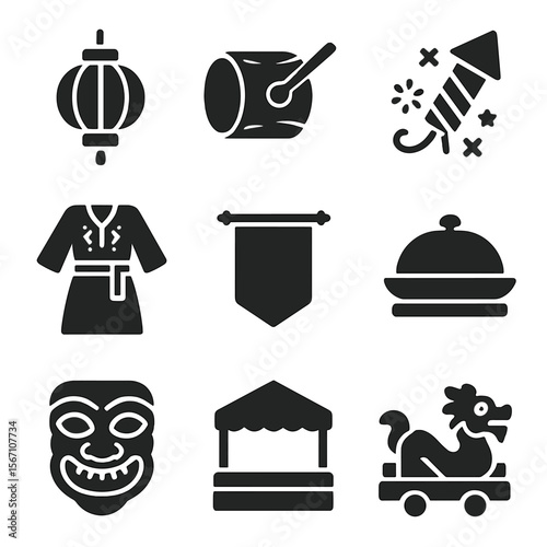 Traditional Festival Icons. Solid, filled icons set of traditional festivals: lantern, drum, firework, folk