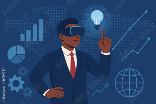 Businessman in VR headset generates ideas for business growth. Innovation strategy in virtual reality for futuristic success. Metaverse technology for global economy and data analysis.