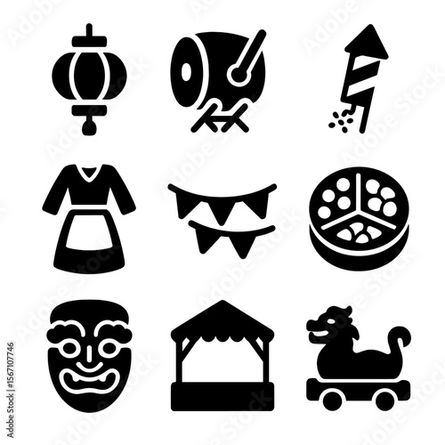 Traditional Festival Icons. Solid, filled icons set of traditional festivals: lantern, drum, firework, folk