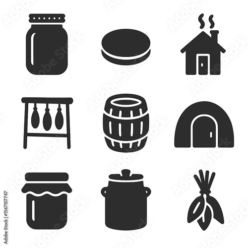 Traditional Food Preservation Icons. Solid, filled icons set of traditional food preservation: glass jar,