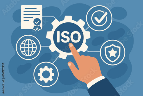 ISO standards quality control concept. International Organization for Standardization. Business process management, assurance, warranty, compliance, certification, and audit vector.