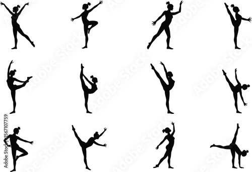 Twelve silhouettes of female gymnasts in various poses