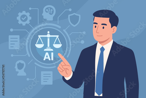 AI law and ethics concept. Businessman touching digital interface with scales of justice. Artificial intelligence regulation, compliance, and legal framework. Justice tech and policy.