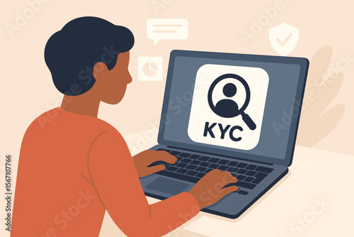 KYC Know Your Customer concept vector illustration. Person on laptop doing identity verification and authentication. Financial compliance, business due diligence, and AML security.