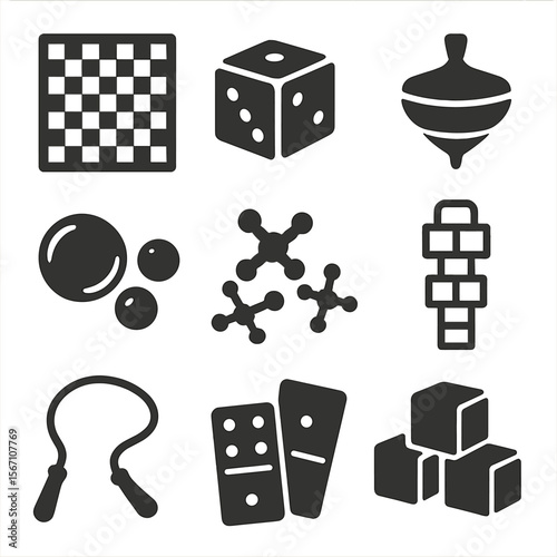 Traditional Games Icons. Solid, filled icons set of traditional games: chessboard, dice, spinning top, marbles