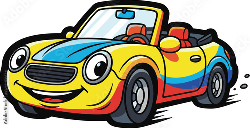 Cheerful yellow cartoon convertible car with blue and red accents driving fast vector