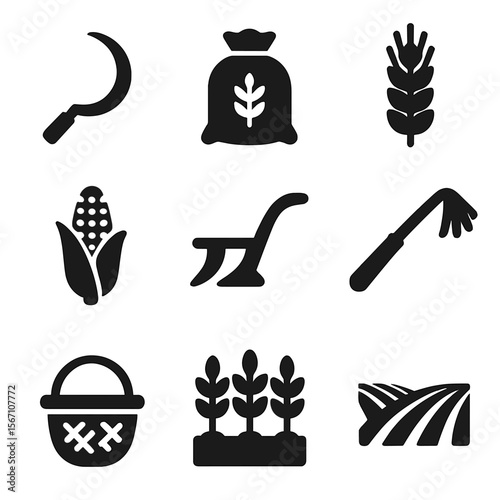 Traditional Harvest Icons. Solid, filled icons set of traditional crop harvesting: sickle, grain sack, wheat