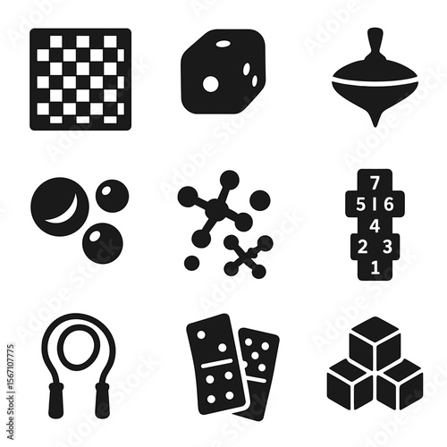 Traditional Games Icons. Solid, filled icons set of traditional games: chessboard, dice, spinning top, marbles