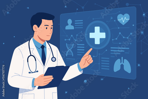 Doctor analyzing patient medical data on digital hologram interface. Modern healthcare technology, virtual diagnosis, electronic health records, telemedicine, science, network connection concept