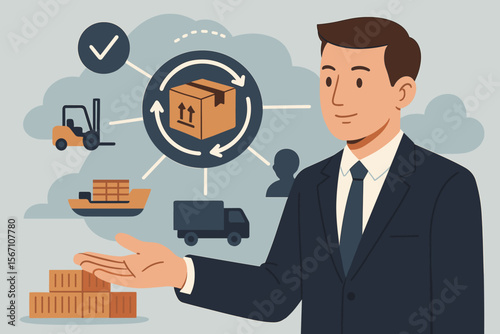 Supply chain management concept. Businessman controlling logistics network with virtual icons. Global freight transport, cargo shipping, delivery service, and inventory organization.