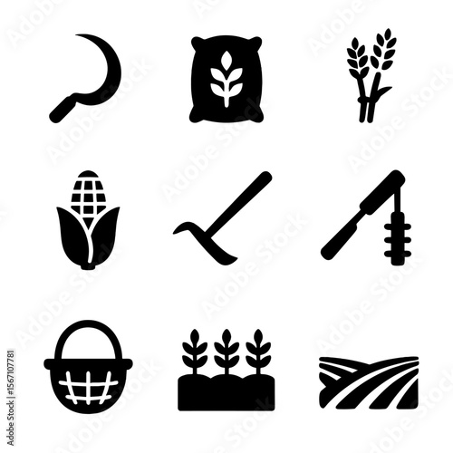 Traditional Harvest Icons. Solid, filled icons set of traditional crop harvesting: sickle, grain sack, wheat