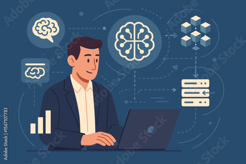 Businessman developing LLM, a large language model with AI. Concept of big data, generative AI, natural language processing, data mining, and machine learning workflow vector.