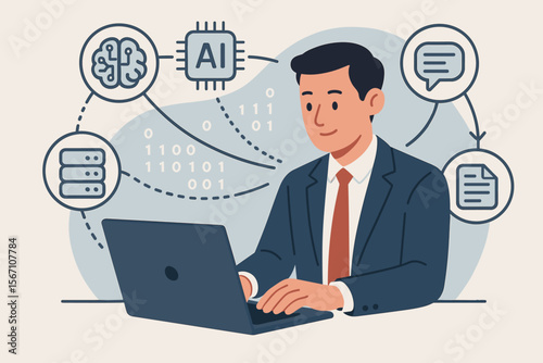 LLM Large Language model concept with businessman using laptop. Generative AI technology for big data analysis, data mining, and natural language processing. Machine learning workflow.