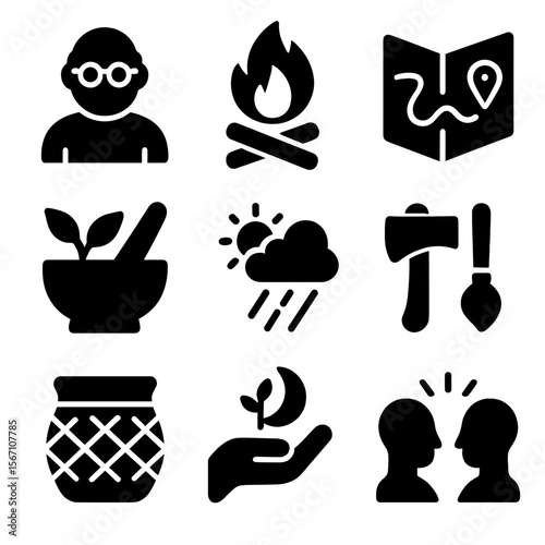 Traditional Knowledge Icons. Solid, filled icons set of traditional knowledge and adaptation: elder icon,