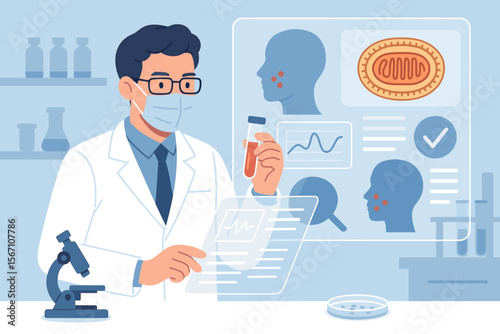 Medical scientist analyzing Monkeypox virus research results, laboratory diagnosis, disease outbreak prevention, virtual data screen, test tube, microscope, infectious disease control concept