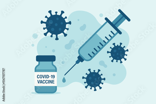 COVID-19 Vaccine Immunization Concept. Syringe Injection and Vaccine Vial. Coronavirus Prevention, Pandemic Protection, Infectious Disease Treatment. Modern Flat Medical Vector Illustration