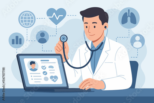 Telemedicine doctor analyzing patient health data online. Medical diagnosis with stethoscope, digital health records, virtual consultation, modern healthcare technology, remote medical testing