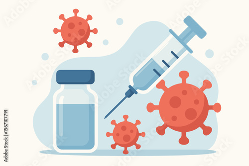 COVID-19 coronavirus vaccine injection concept. Syringe and vial immunization. Virus prevention, medical treatment, pandemic healthcare, vaccination, flat vector illustration, modern medicine