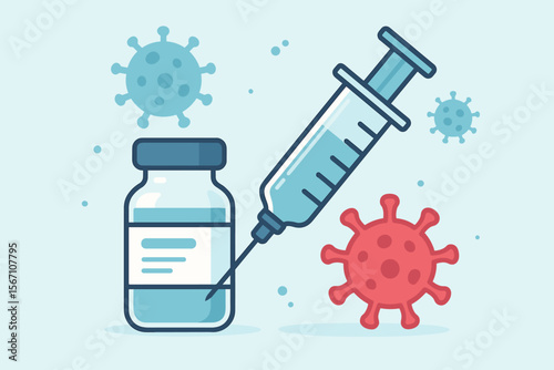 Coronavirus vaccine injection concept. Medical syringe and vial illustration for COVID-19 prevention, immunization, pandemic treatment, virus protection, healthcare, modern flat vector design