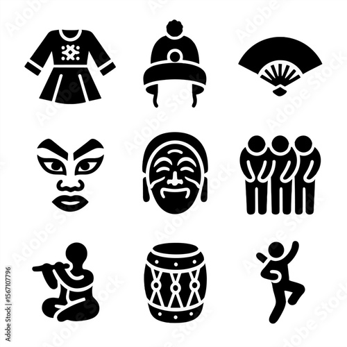 Traditional Performance Icons. Solid, filled icons set of traditional performances and attire: embroidered