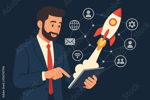 Businessman launching startup rocket from digital tablet. Modern flat vector illustration of innovation, entrepreneurship, business growth, technology network, online marketing, digital strategy