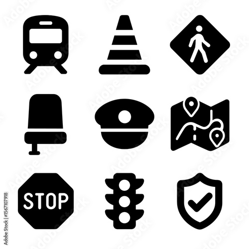 Transportation Safety Icons. Solid, filled icons set of transportation safety tours: train icon, safety cone,