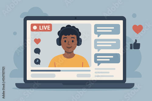 Social media live streaming on laptop screen with chat messages, online video broadcast, influencer streaming, digital communication, modern flat vector illustration