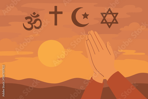 Praying hands at sunset with religious symbols of Hinduism, Christianity, Islam, Judaism. Interfaith prayer, spirituality, faith, hope, meditation, unity, peaceful landscape, vector illustration