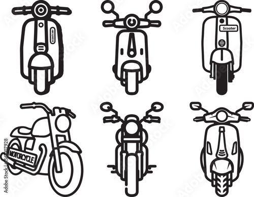 Collection of black and white line art icons of scooters and motorcycles vehicle transportation