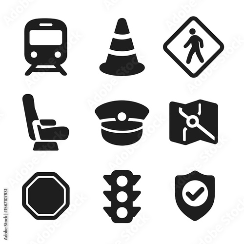 Transportation Safety Icons. Solid, filled icons set of transportation safety tours: train icon, safety cone,