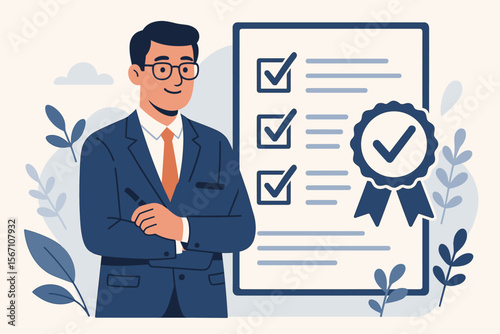 Business manager compliance certification concept. Standardization, quality assurance, regulatory checklist, audit approval, professional standards, corporate governance, modern vector illustration