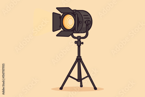 Vintage movie spotlight on tripod stand. Retro film studio lighting equipment. Cinematic stage lamp. Modern flat vector cartoon illustration. Professional photography, theater, production concept