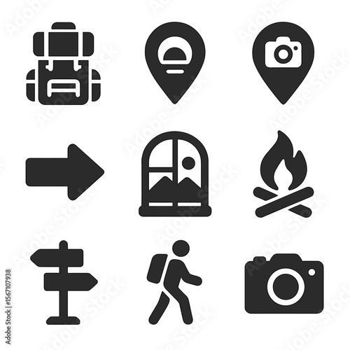 Travel Icon Collection. Solid, filled icons set of travel landscape moments: packed backpack, sunset map pin,