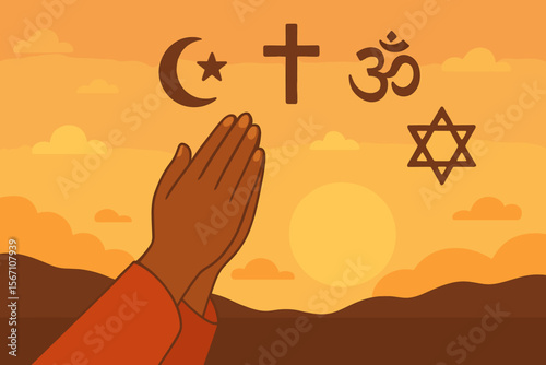 Diverse religions unity concept. Praying hands silhouette at sunset. Islam, Christianity, Hinduism, Judaism symbols. Interfaith harmony, spirituality, multicultural peace, faith diversity illustration