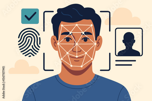Facial recognition technology with man face scanning. Biometric identification system for security access and verification. Fingerprint authentication and user profile data concept.