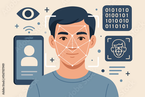 Facial recognition technology concept with AI. Biometric identification and security authentication system. Man's face scan with digital grid for identity verification access.