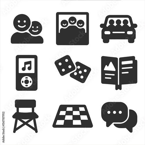 Travel Icon Set. Solid, filled icons set of family and friends travel: smiling faces, group photo, carpool,