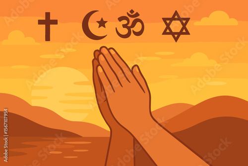 Praying Hands at Sunset with Religious Symbols, Interfaith Unity, Spiritual Blessing, Diversity, Christianity, Islam, Hinduism, Judaism, Peace, Hope, Modern Flat Vector Illustration