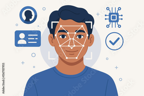 Biometric facial recognition system. AI technology scans a man's face for identity verification and authentication. Concept of security, surveillance, and access control. Modern flat vector.
