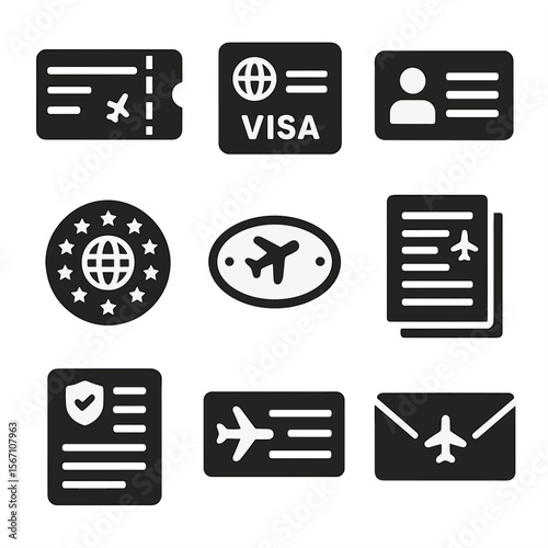 Travel Document Icons. Solid, filled icons set of international travel documents: boarding pass, visa sticker,